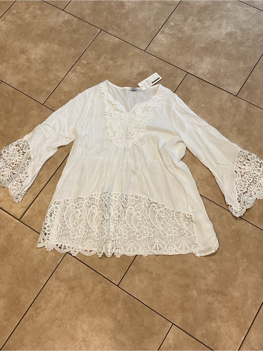 White Lace-Trim Peasant Blouse with V-Neck